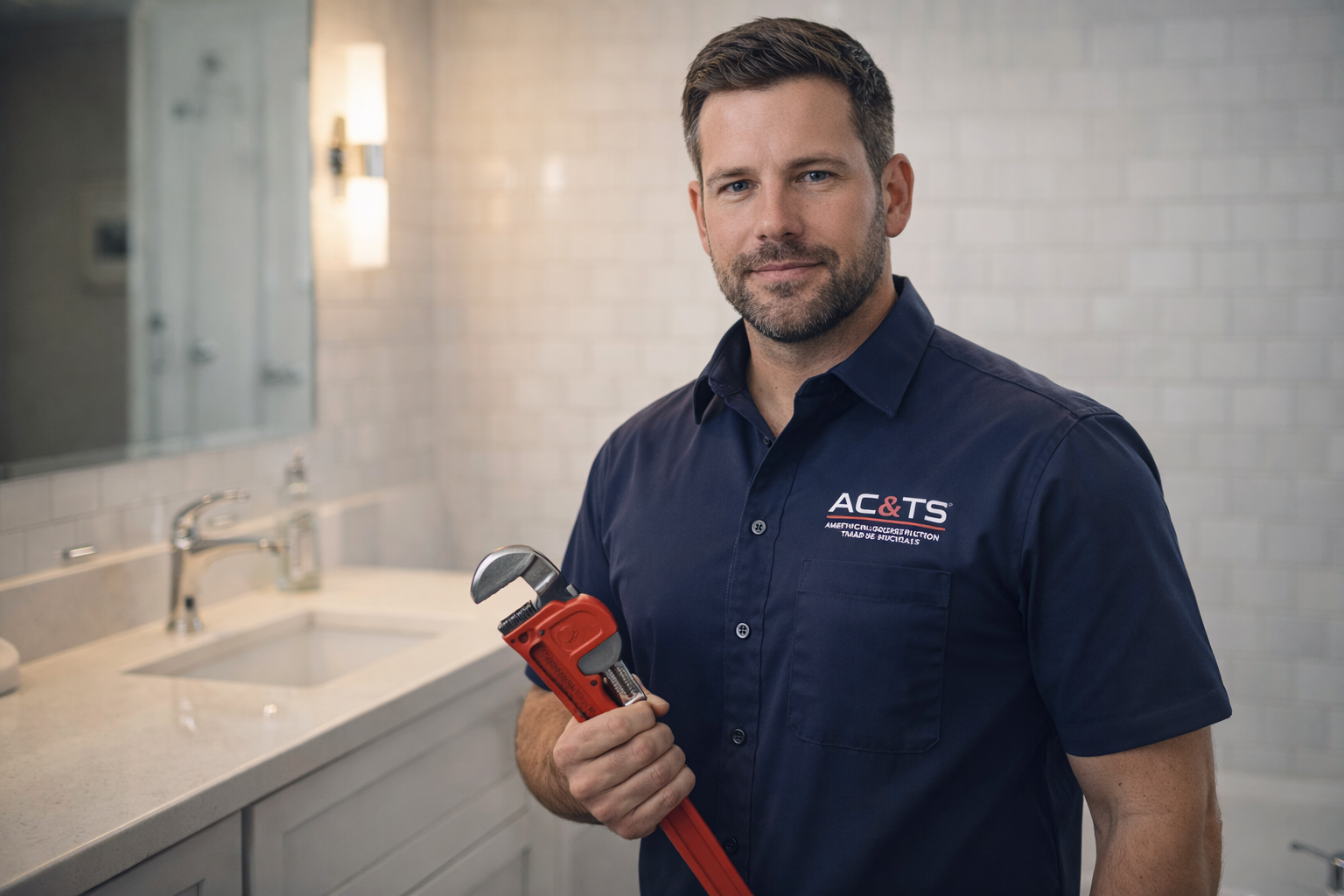 Uniformed ACTS plumbing technician standing on site holding a pipe wrench