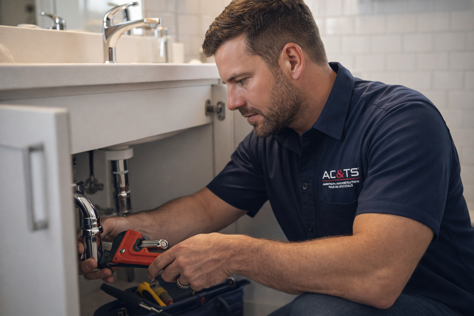 ACTS technician repairing plumbing under a vanity sink with a pipe wrench