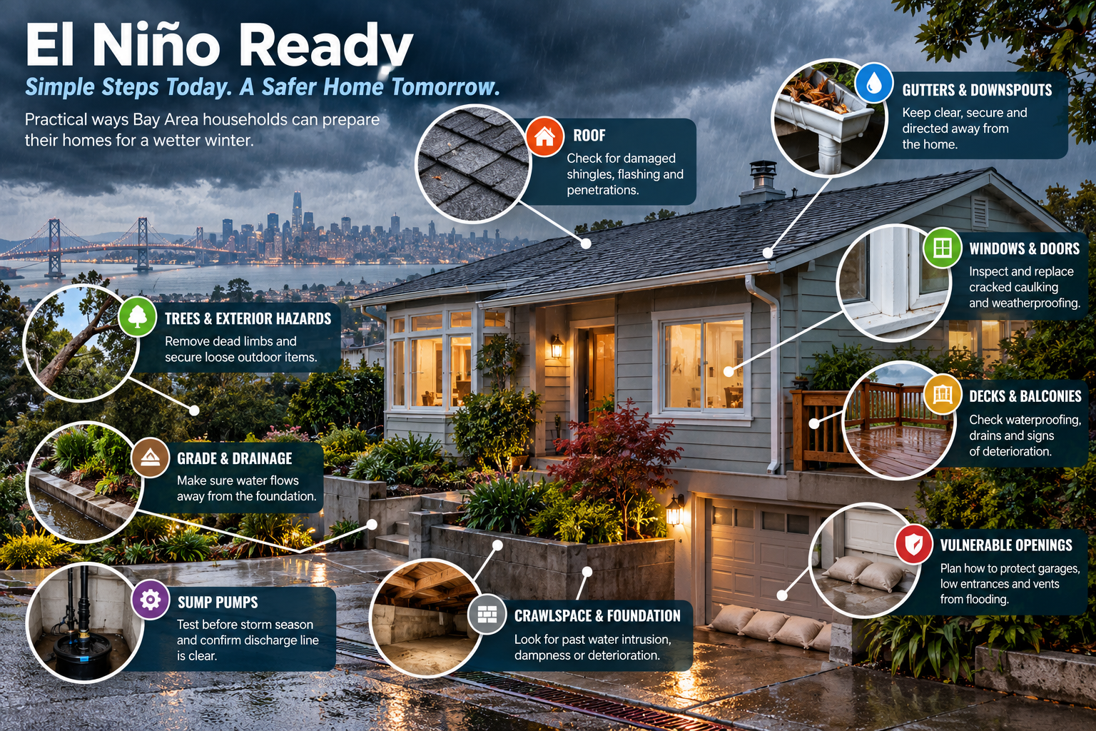 El Niño Ready infographic: simple steps for a safer home, covering roof, gutters and downspouts, windows and doors, decks and balconies, vulnerable openings, crawlspace and foundation, sump pumps, grade and drainage, and trees and exterior hazards