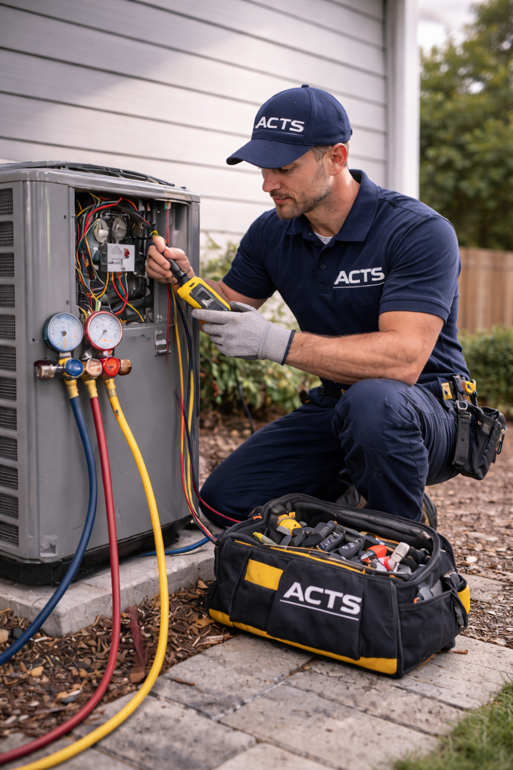 ACTS technician servicing an outdoor HVAC condensing unit