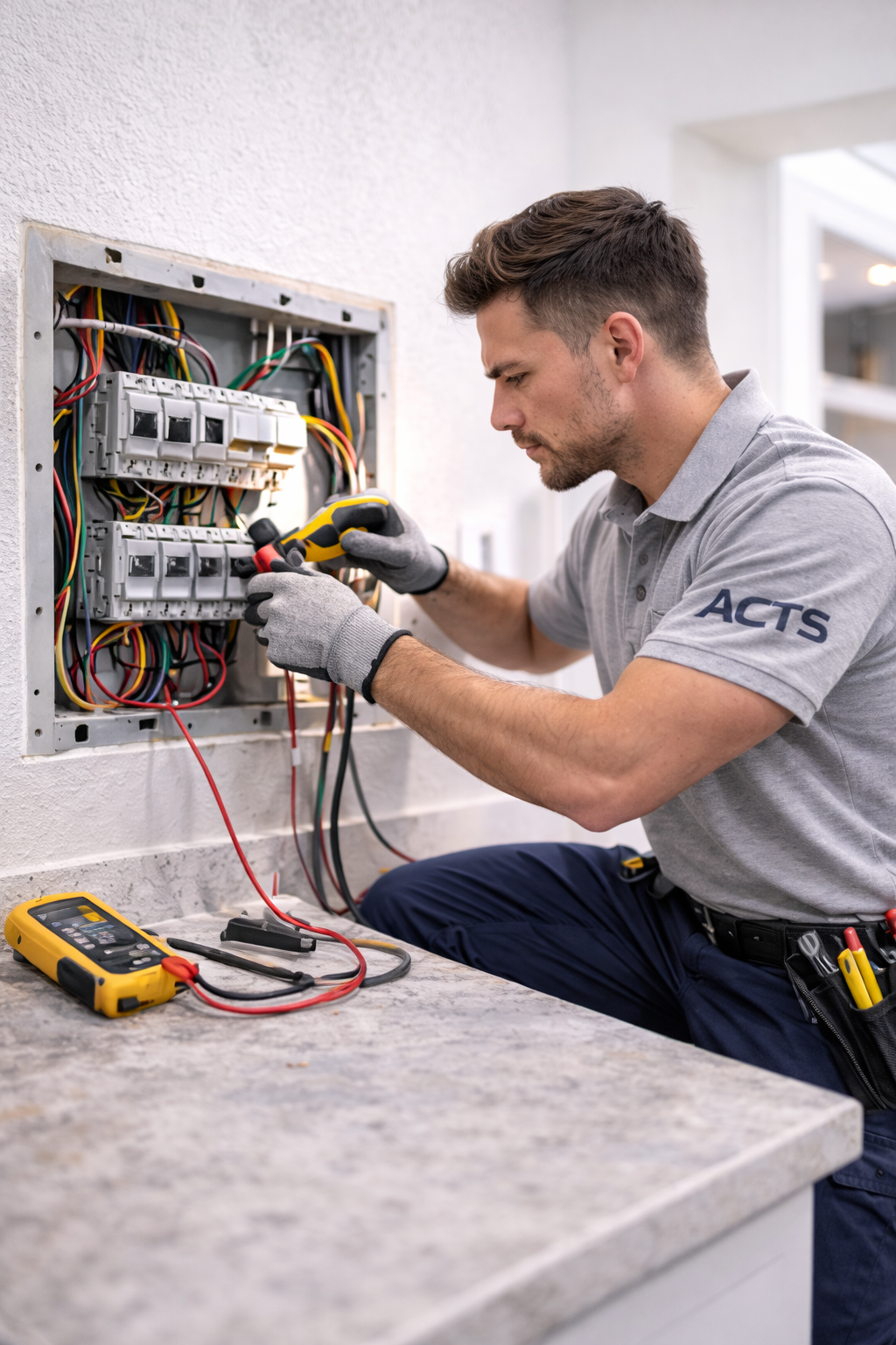 ACTS technician inspecting and testing an electrical panel