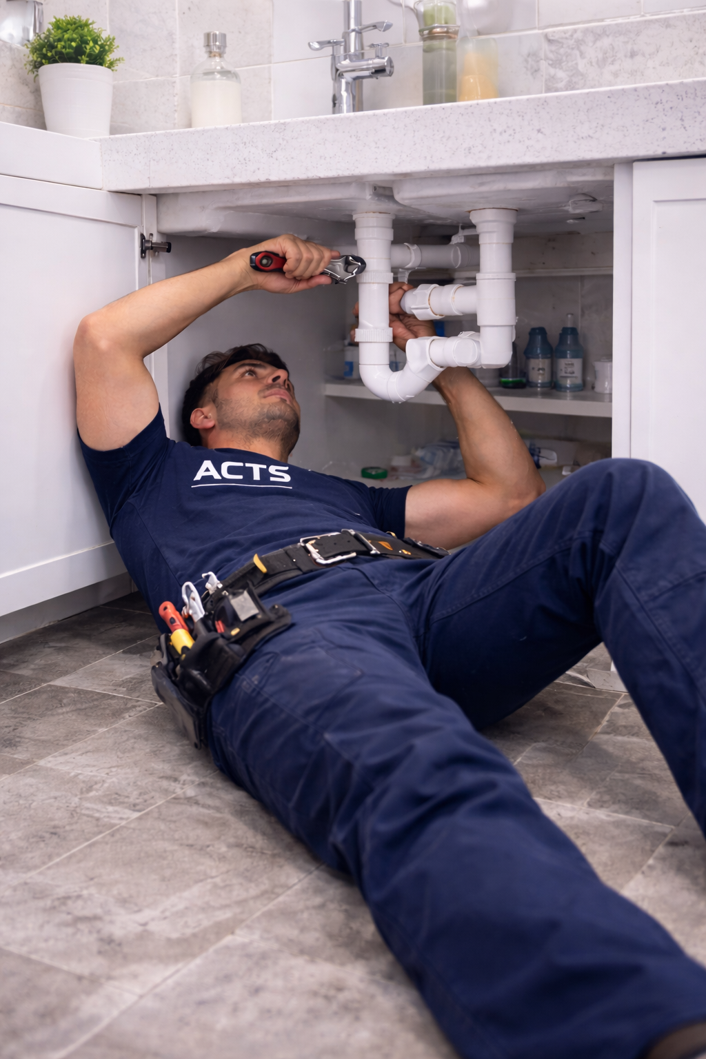 ACTS technician performing under-sink plumbing work beneath a double vanity