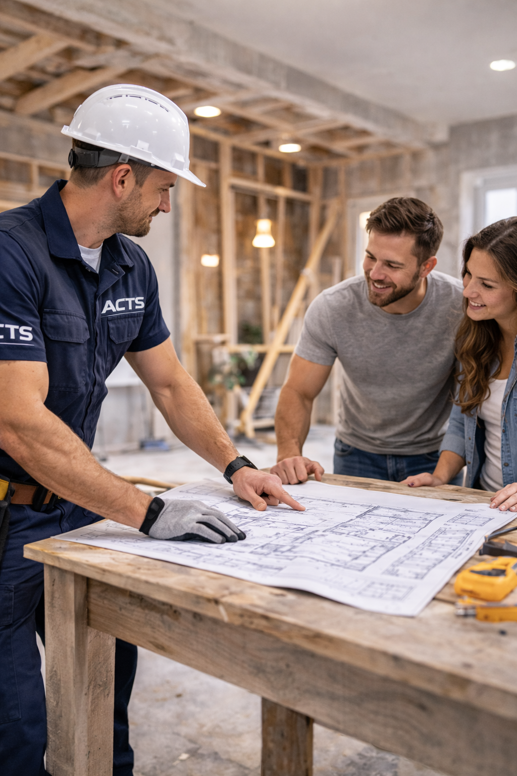 ACTS team member reviewing renovation plans with homeowners at a project site